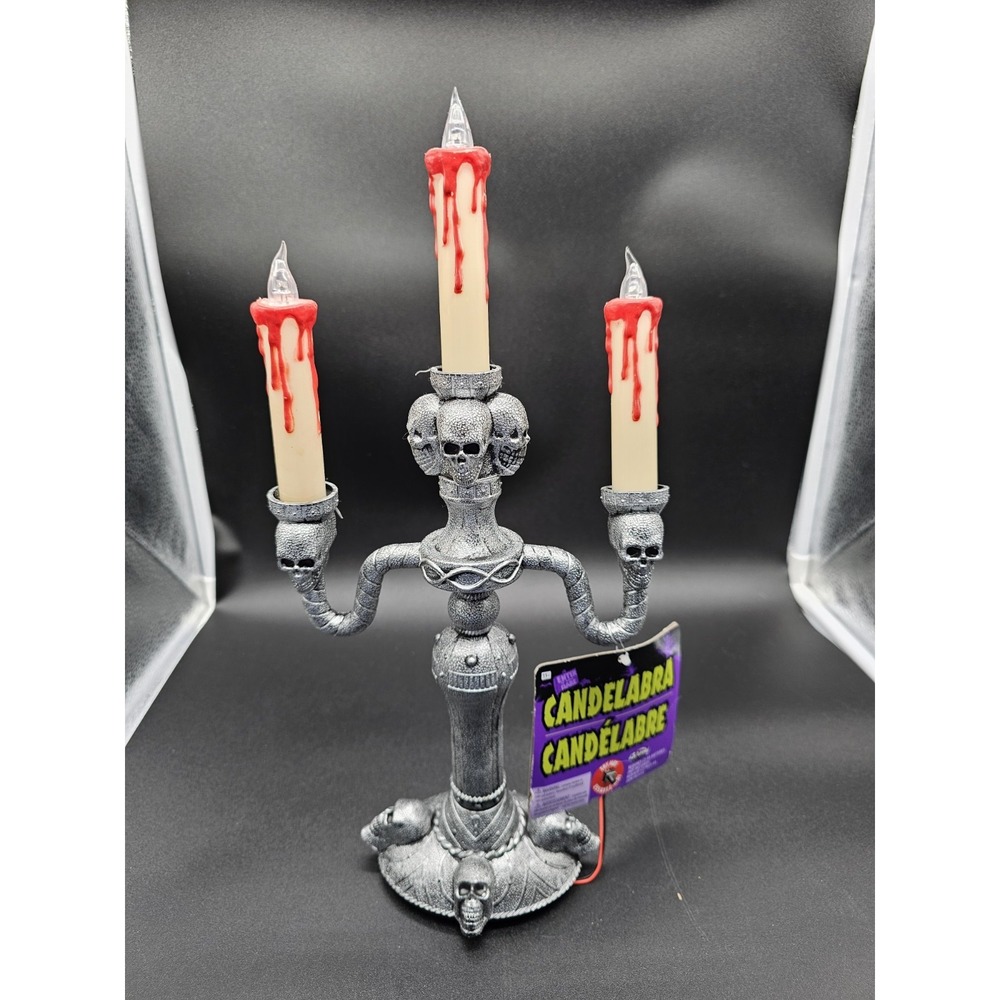 14 Inch Silver Red Skull‎ Candelabra with LED Flames for Halloween Decor